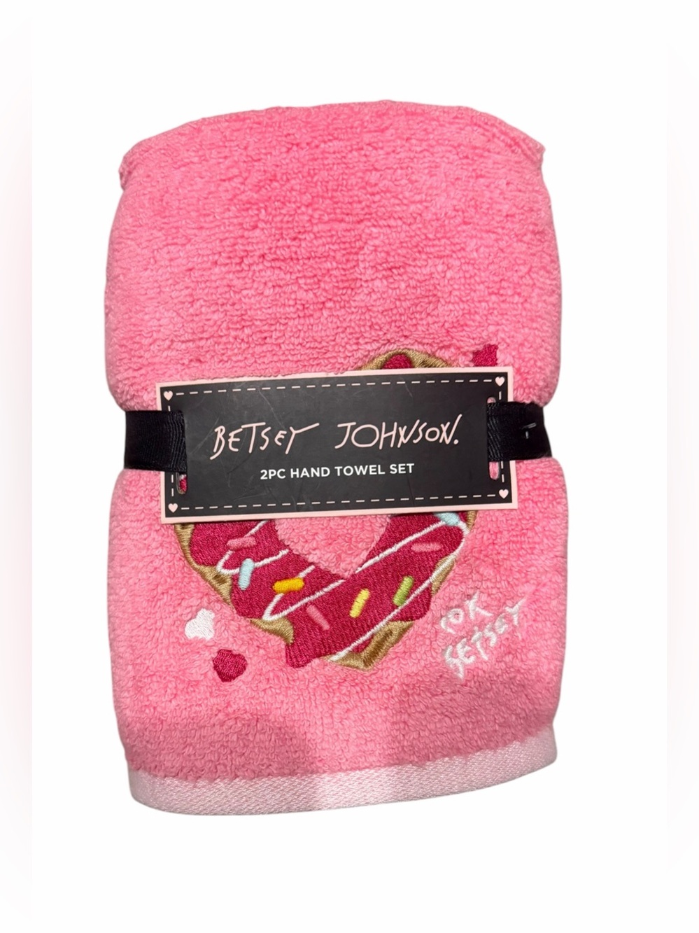 Betsey Johnson Pink Heart Donut Embroidered Hand Towel Set
